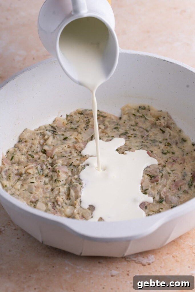 Adding cream to shallot sauce