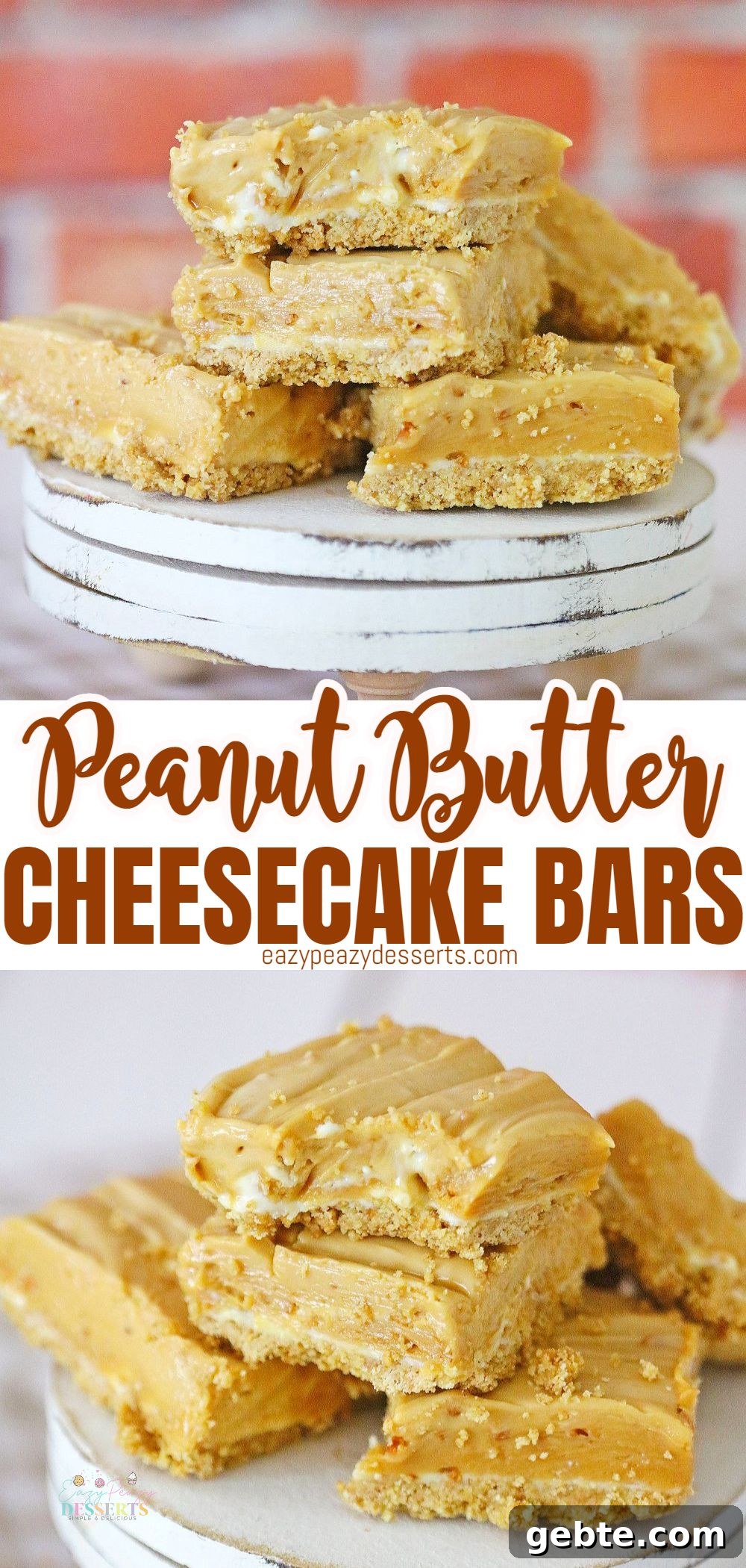 Photo collage of creamy peanut butter fudge cheesecake bars with a graham crust