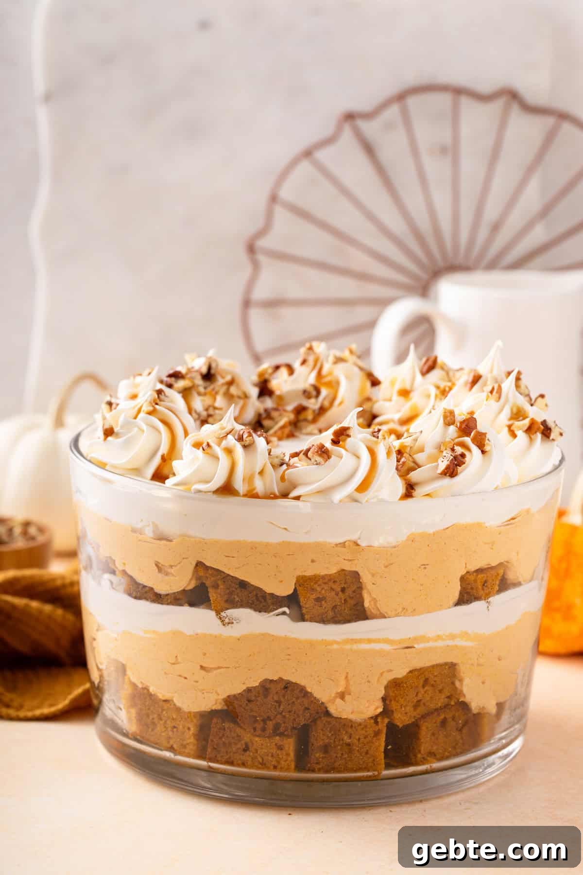 Side view of pumpkin trifle in a trifle dish, ready to be served.