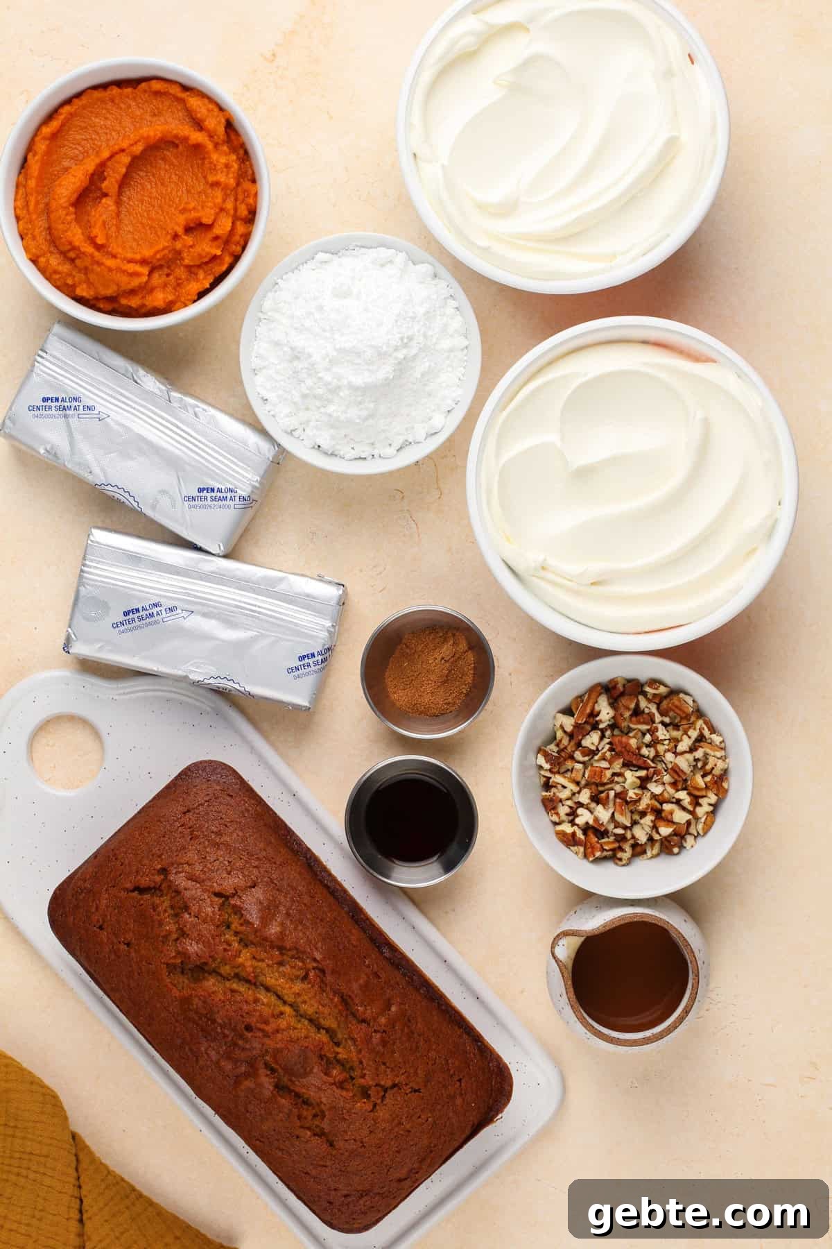 Ingredients for pumpkin trifle arranged on a countertop.