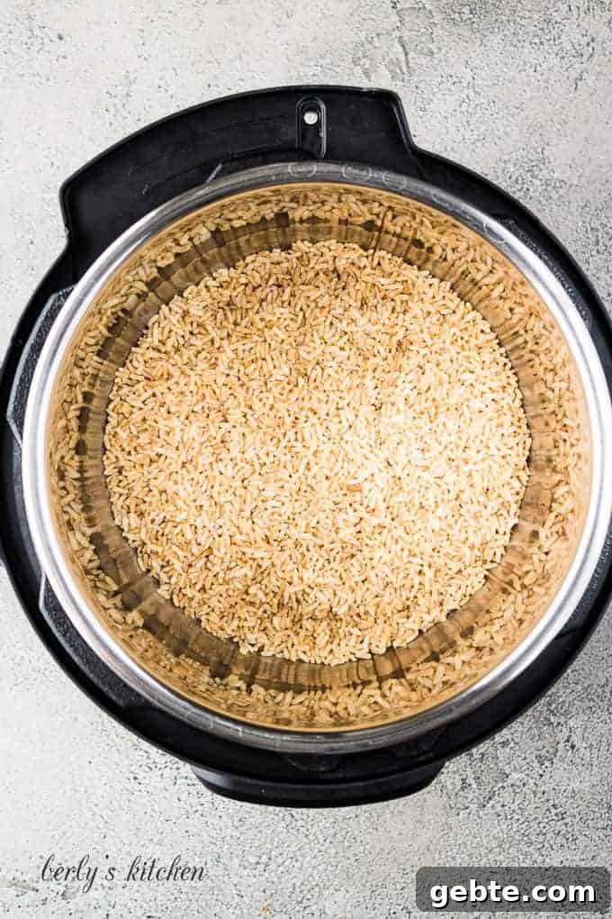 Uncooked brown rice in the Instant Pot liner.