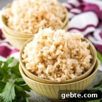 Instant Pot brown rice in a yellow bowl.