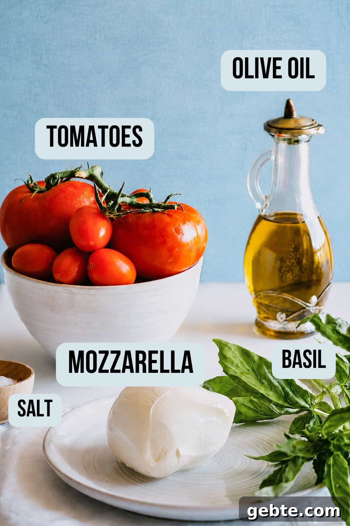Caprese Bruschetta Recipe: Fresh Tomato, Basil & Mozzarella Toast 4 tomatoes mozzarella basil and olive oil for caprese bruschetta.