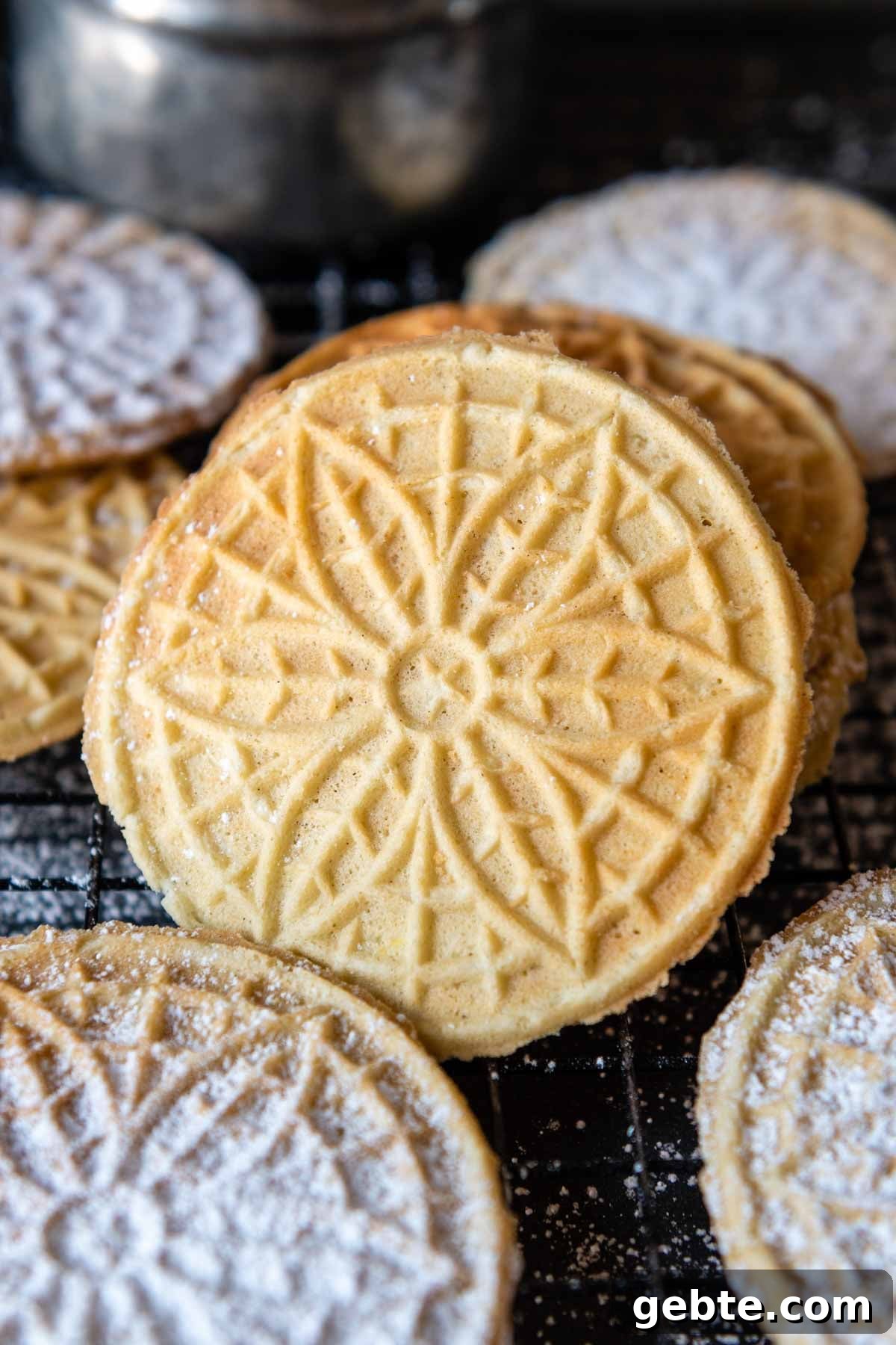 Crisp Gluten-Free Pizzelle Recipe: Authentic Italian Cookies 2 a gluten-free pizzelle leaning up against a stack with others around it.