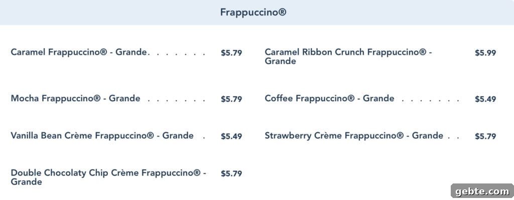 Frappuccino menu from Creature Comforts.