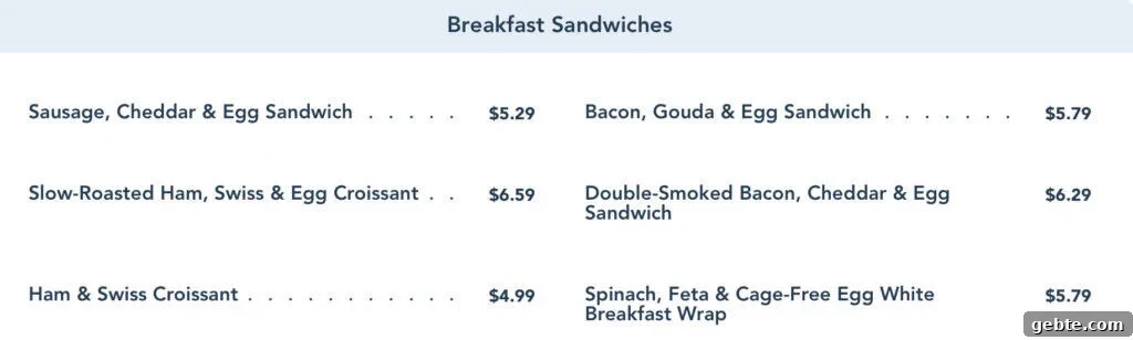 breakfast sandwich menu from Creature Comforts.