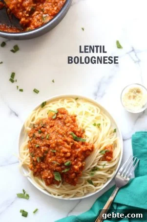 This Lentil Bolognese Sauce is hearty with Red lentils and Mushrooms and great with Spaghetti or other pasta. #Vegan #Soyfree #Nutfree #Recipe #VeganRicha. Can be gluten-free with #glutenfree #pasta | VeganRicha.com