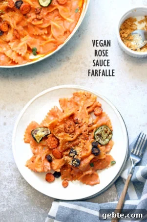 Vegan Rose Sauce Farfalle Pasta with Roasted Veggies. Easy Vegan Rose Sauce, serve with farfalle or other pasta, roasted veggies and vegan parm. #Vegan #veganricha #Soyfree #Recipe. Can be #glutenfree | VeganRicha.com