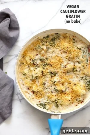 Vegan Cauliflower Gratin - Creamy, Spiced Cauliflower Casserole. No Bake Skillet Gratin or Bake with a garlic breadcrumb topping. Vegan Soy-free Recipe, Can be gluten-free and nut-free. | VeganRicha.com