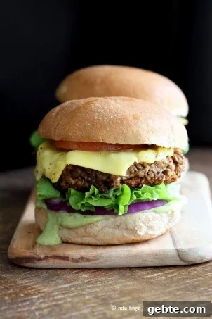 Spiced Lentil Walnut Burgers. Easy Flavorful Burger patties with avocado ranch. Vegan Burger Recipe. Soyfree Easily gluten-free | VeganRicha.com