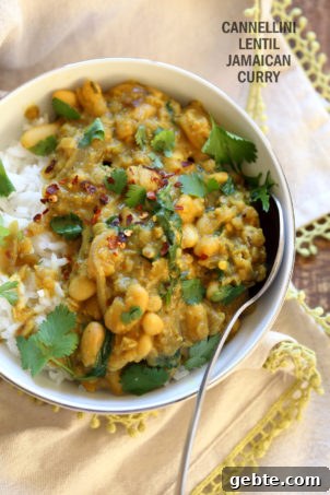 Cannellini and Lentil Jamaican Curry. Ran out of chickpeas to make lentil and chickpea Jamaican curry. Easy Coonut Curry with Jamaican Curry spices and beans and red lentils. #Vegan #Glutenfree #Soyfree #Nutfree #Recipe #veganricha | VeganRicha.com