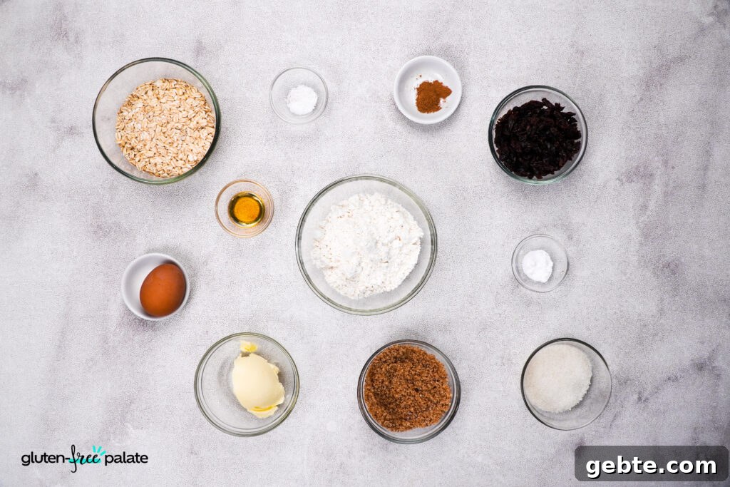 Gluten free oatmeal raisin cookie recipe ingredients.