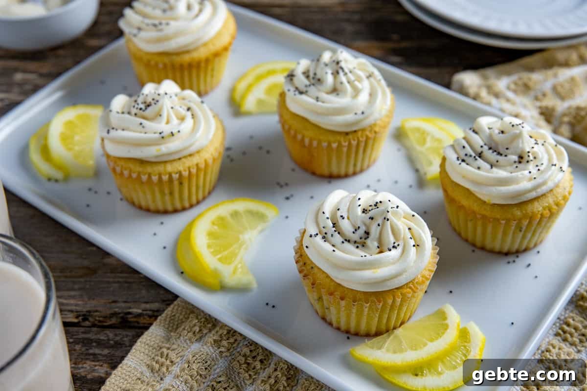 Frosted cupcakes on light blue serving platter with lemon slices as garnish.