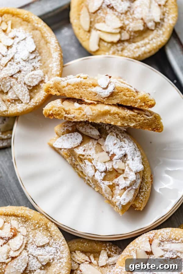 Crunchy Peppermint Chocolate Chip Cookies Recipe 16 almond croissant cookies on a small plate cut in half so that you can see the frangipane filling.