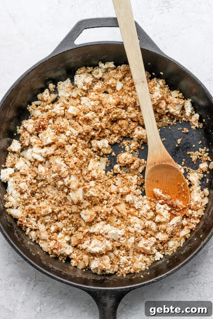 Quinoa and Tofu Taco Filling Recipe for Meatless Tacos 5 skillet with tofu and quinoa taco "meat" in it