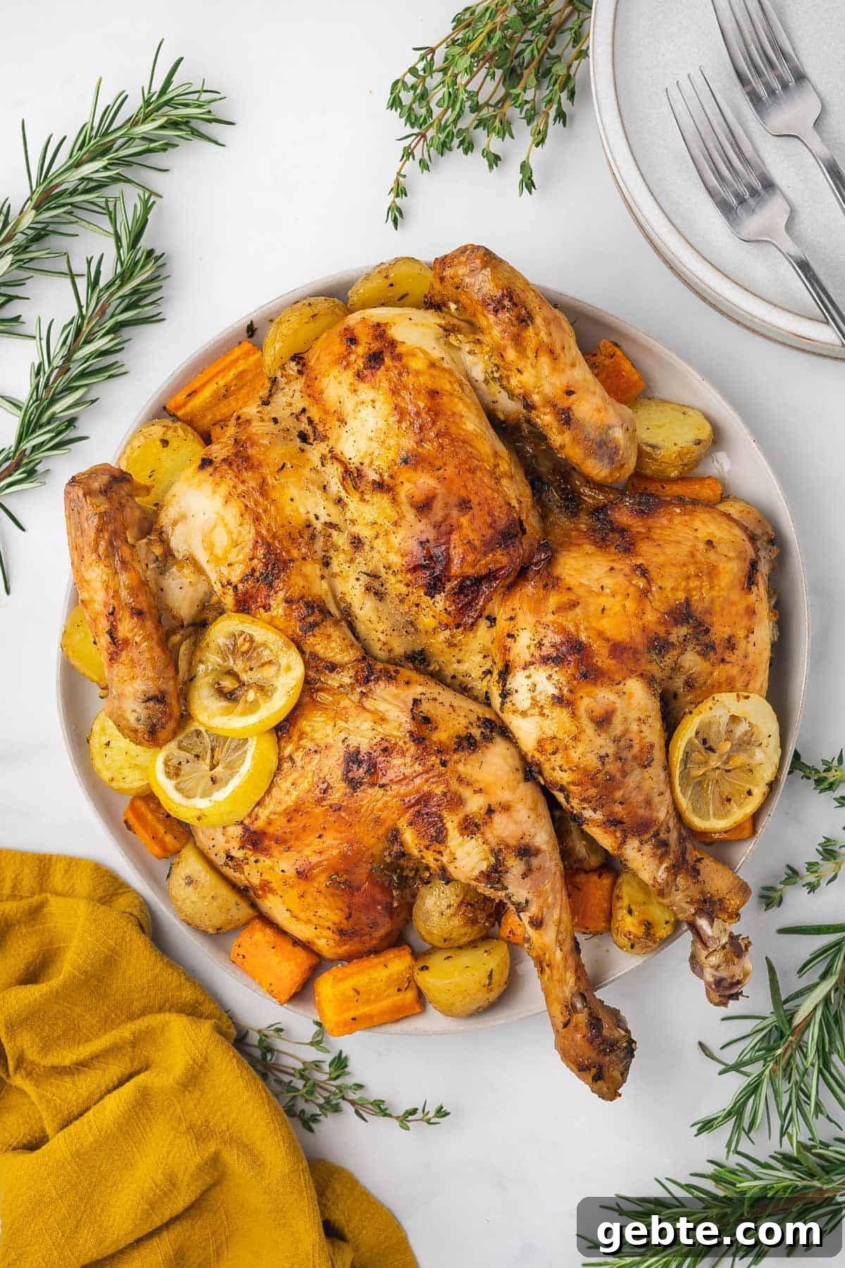 Overhead view of a serving platter with a spatchcock chicken with lemon slices, potatoes, and carrots. Fresh thyme and rosemary scattered around along with a linen napkin and two forks.