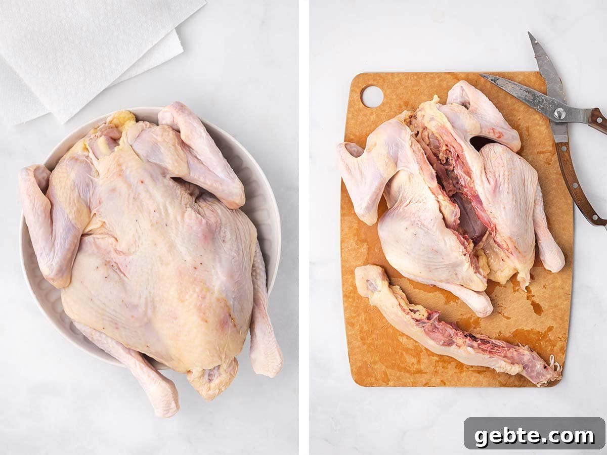 How to Spatchcock a Chicken for Faster, Juicier Roasting 4 Set of two photos showing a whole chicken patted dry and then the backbone cut out.