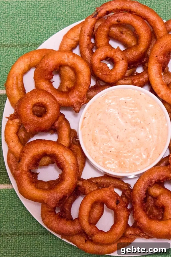 Light and crispy onion rings recipe that are deep fried in a beer batter coating with a cajun dip similar to the kind from Outback Steakhouses Bloomin' Onion.