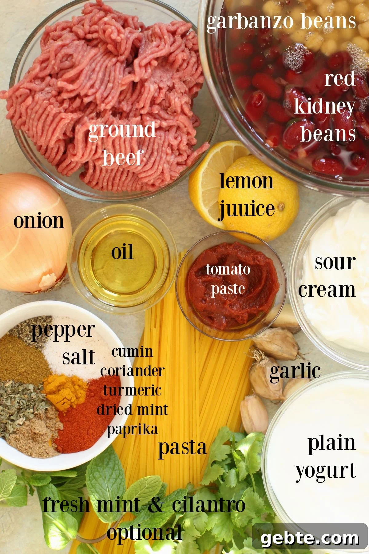 photo of all the labeled ingredients needed to make aush noodle soup.
