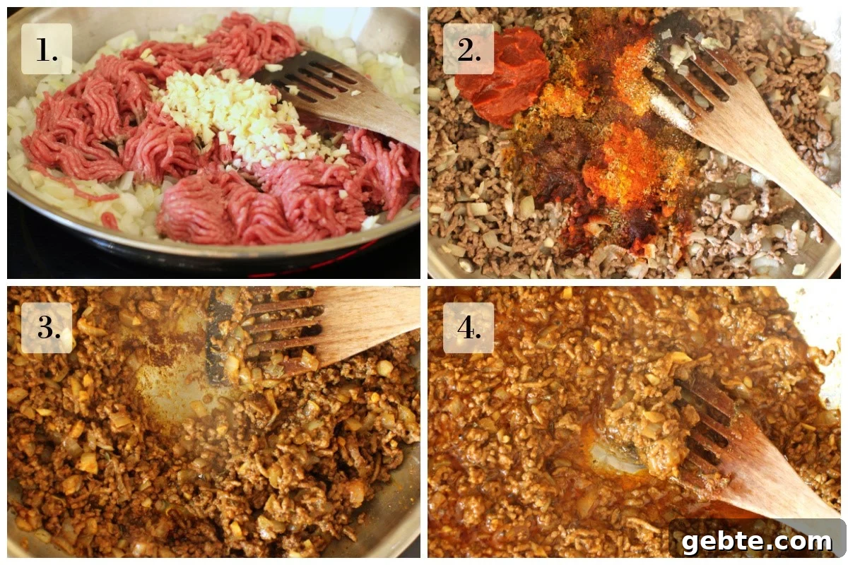 4 photo collage of making the meat sauce for aush - cooking the onions, meat and garlic, adding the tomato sauce and spices, cooking the mixture until it sticks to the pan, adding liquid and simmering until it's a thick sauce.