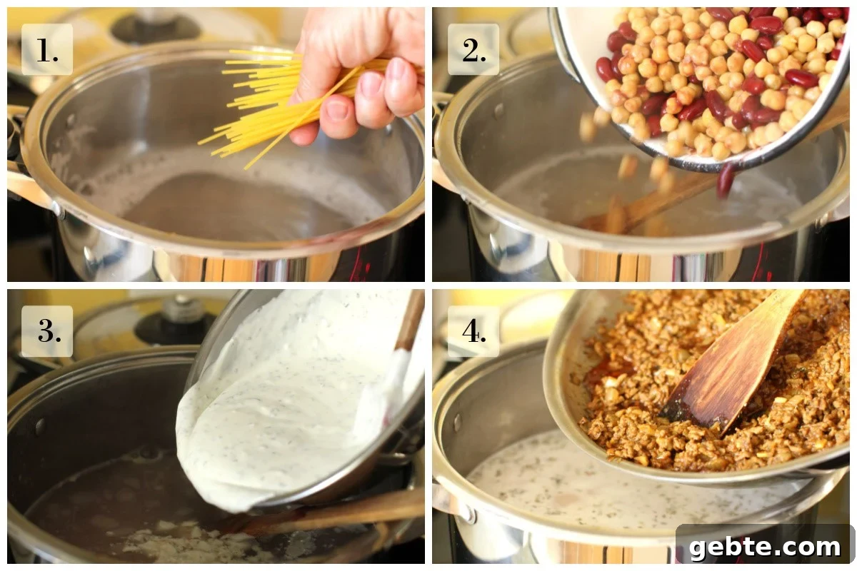 4 photo collage making the soup - adding the noodles to the boiling water, adding the canned beans, then half of the yogurt sauce and half of the meat sauce.