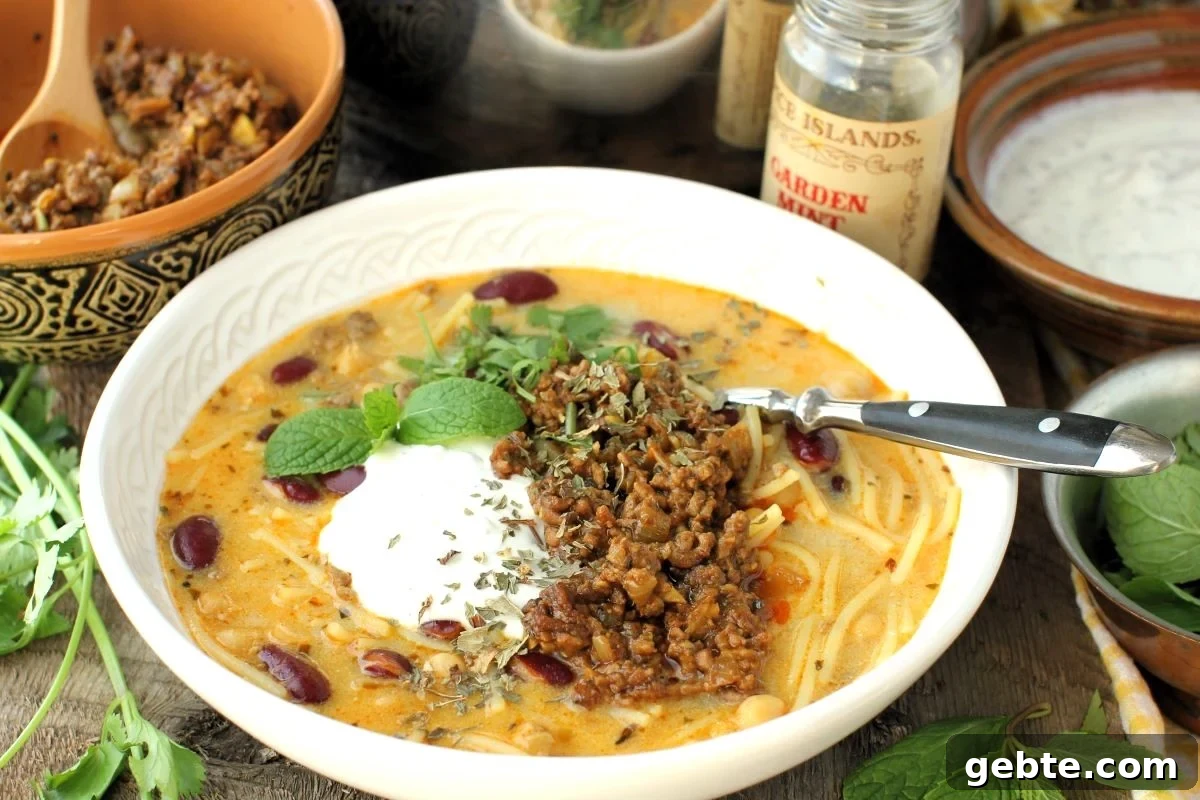 close-up of bowl of Aush Noodle Soup with jar of dried mint behind.