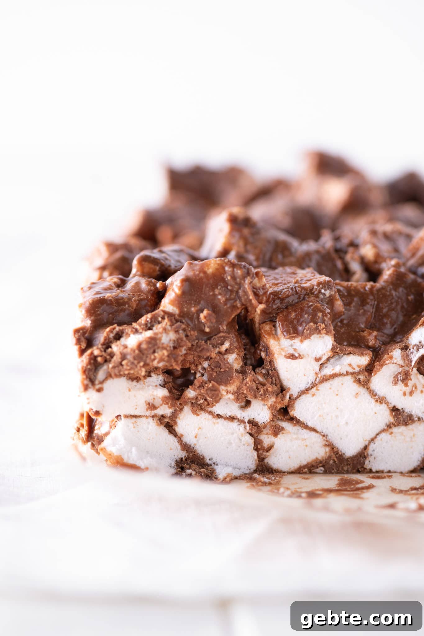 A close up photo of chocolate covered marshmallow bars showing the texture of the marshmallows and chocolate against a bright white background