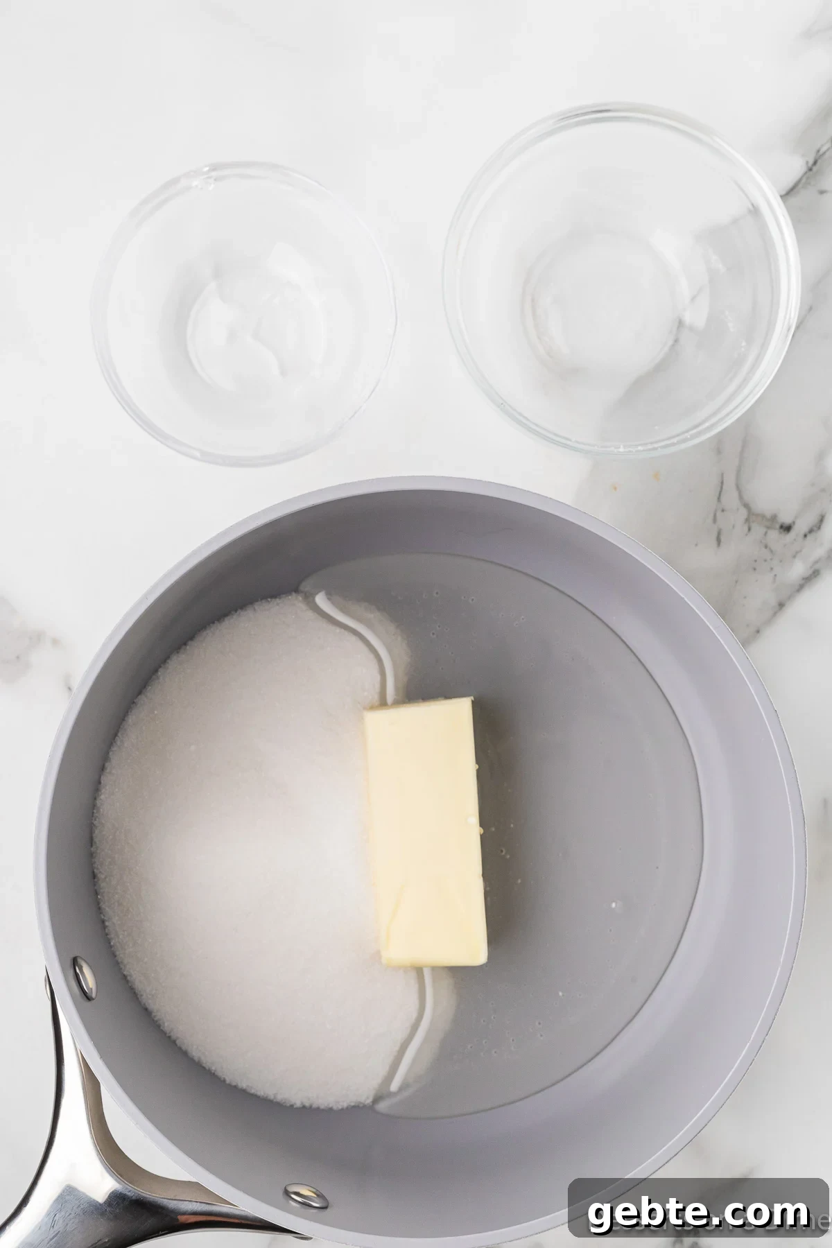 Butter, sugar and corn syrup in a saucepan. 