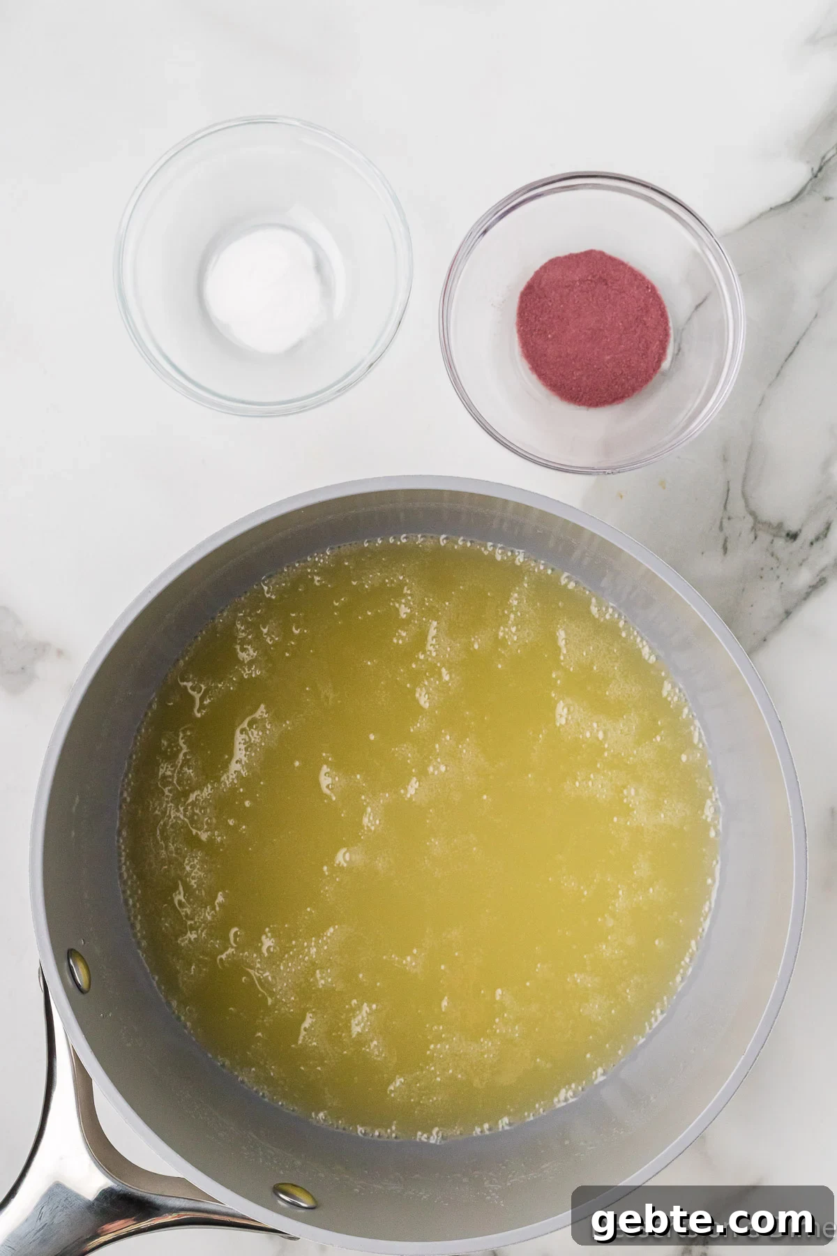 Mixture combined and boiling. 