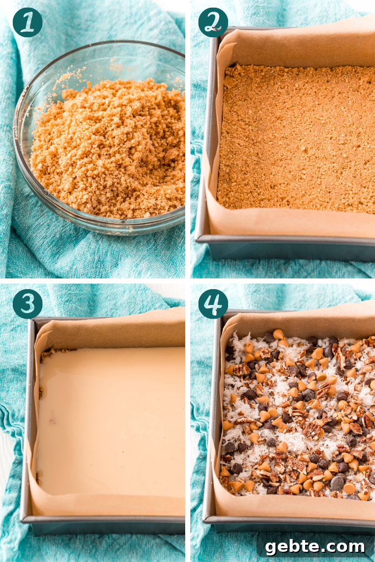 Classic Hello Dolly 7-Layer Cookie Bars Recipe 5 Photo collage showing how to make 7 layer bars.