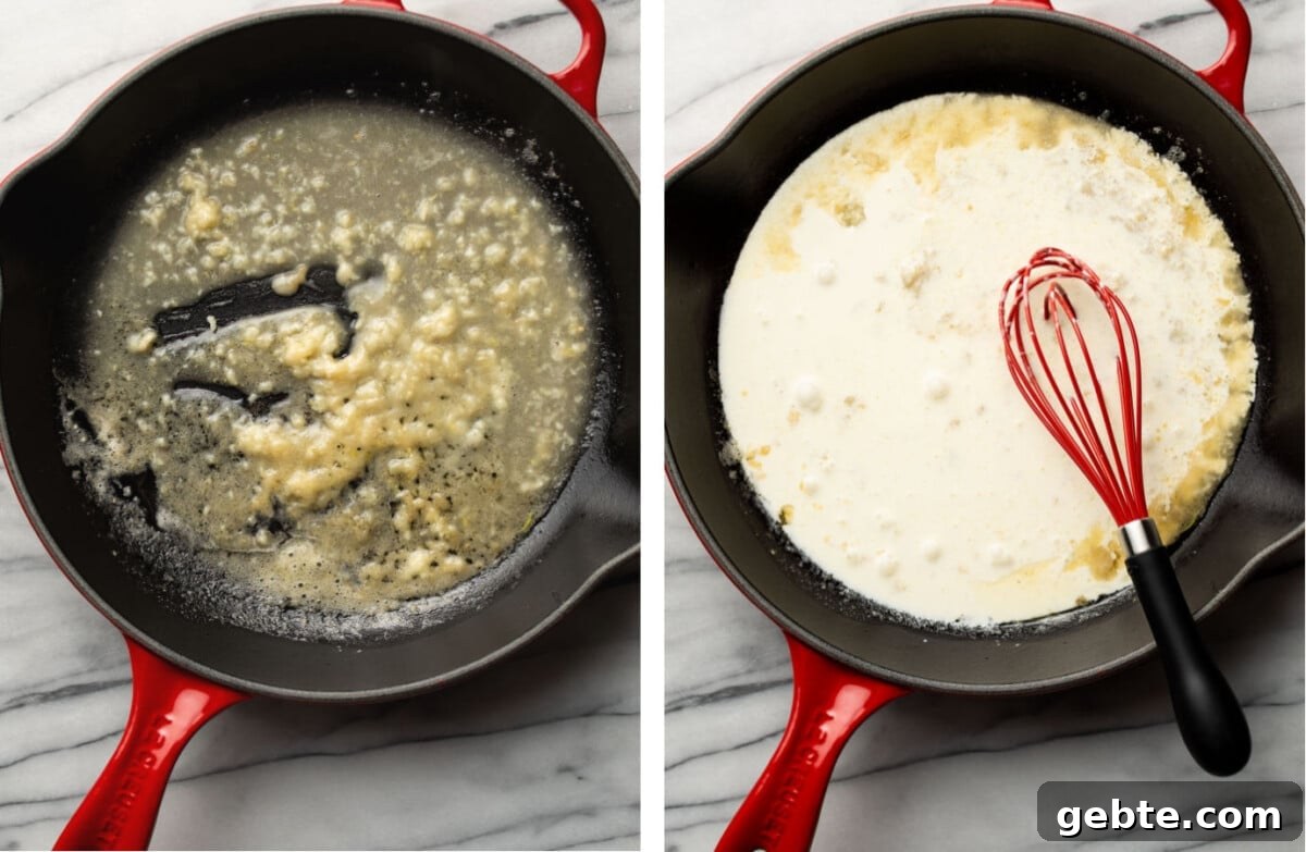 making a roux in a skillet and whisking in cream and seasoning to make pasta sauce