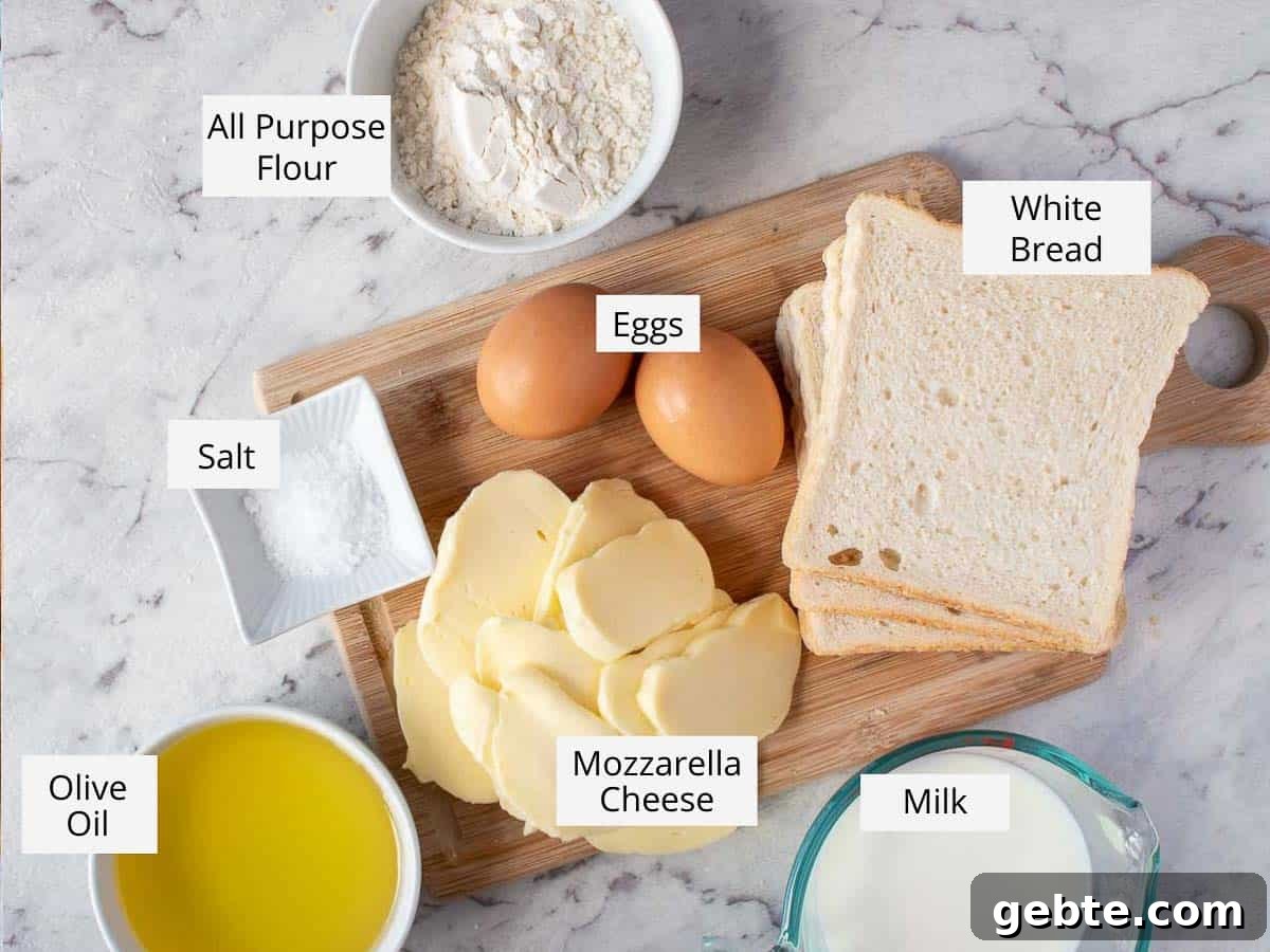Crispy Mozzarella in Carrozza Sandwiches: Classic Italian Fried Cheese 3 Mozzarella in carrozza ingredients as in the recipe card.