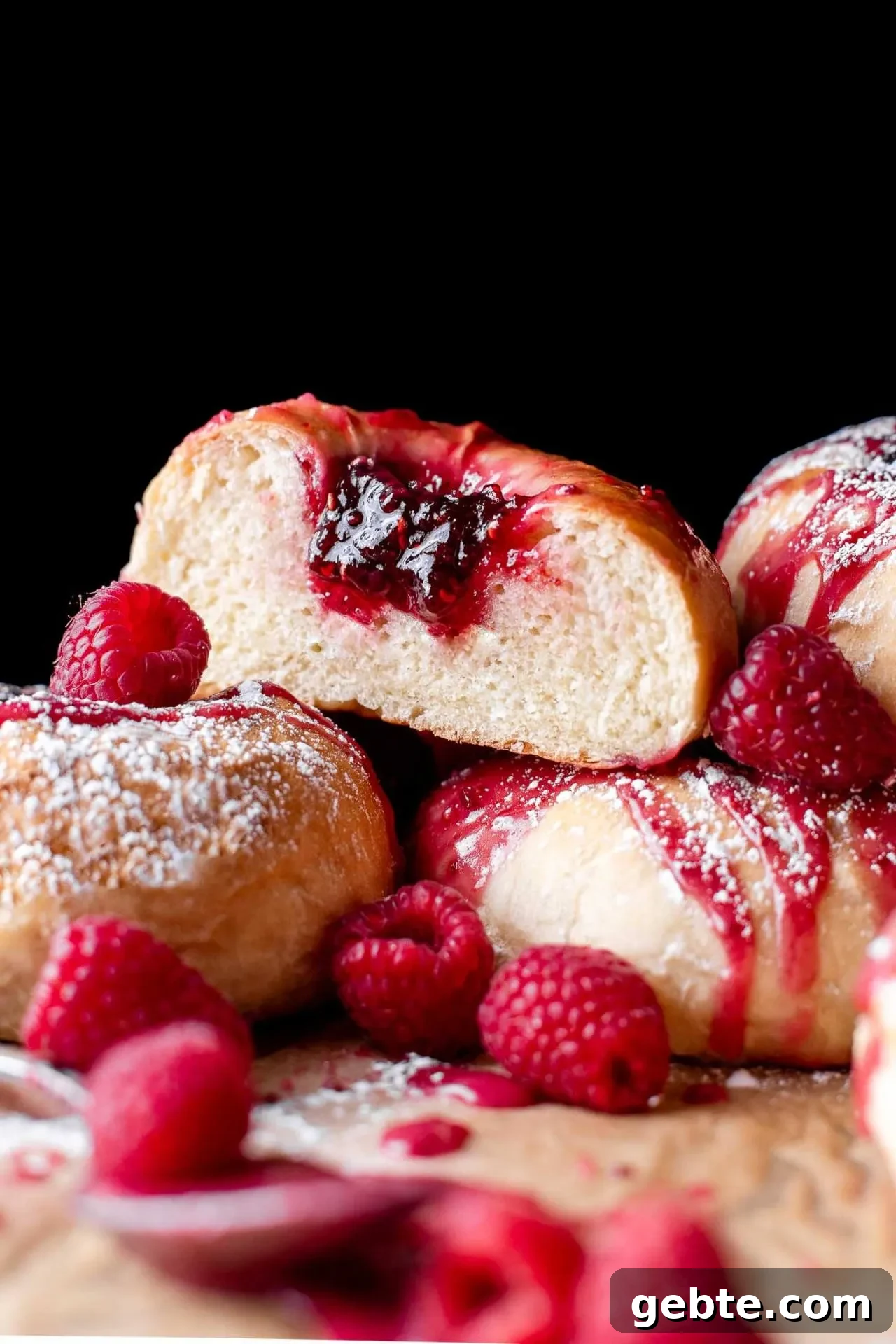 baked raspberry donuts on parchment lined baking sheet topped with icing and a light dusting of powdered sugar
