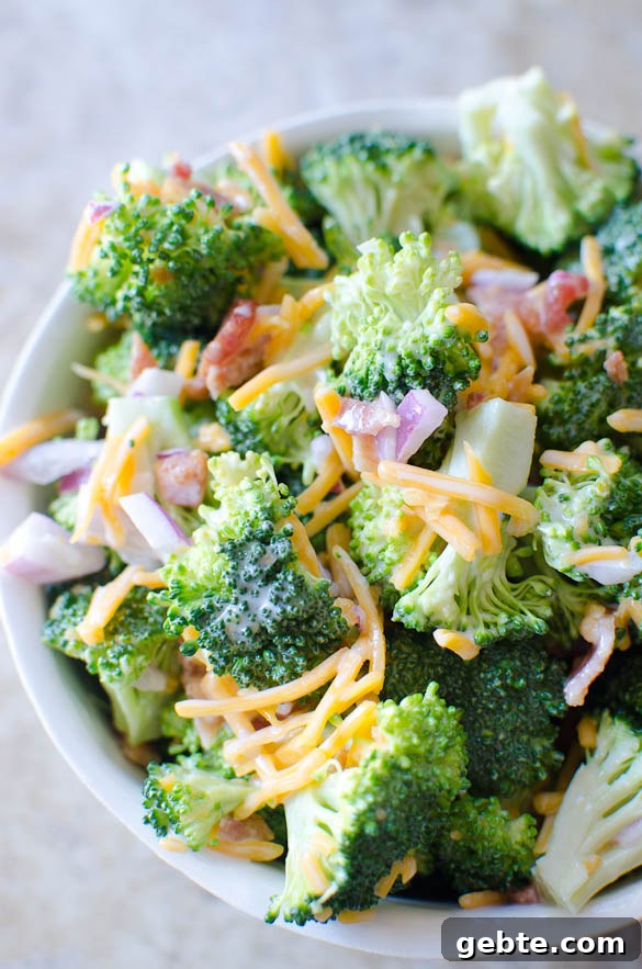 A fresh crisp broccoli salad tossed with a simple tangy homemade dressing. Broccoli salad is a quick salad everyone loves for any gathering, potluck, party, etc.