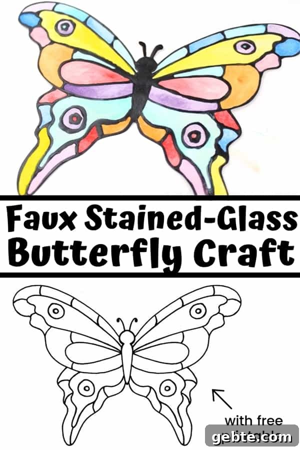 How to make a faux stained-glass butterfly craft using cardstock, glue, watercolors, and the provided printable butterfly template.