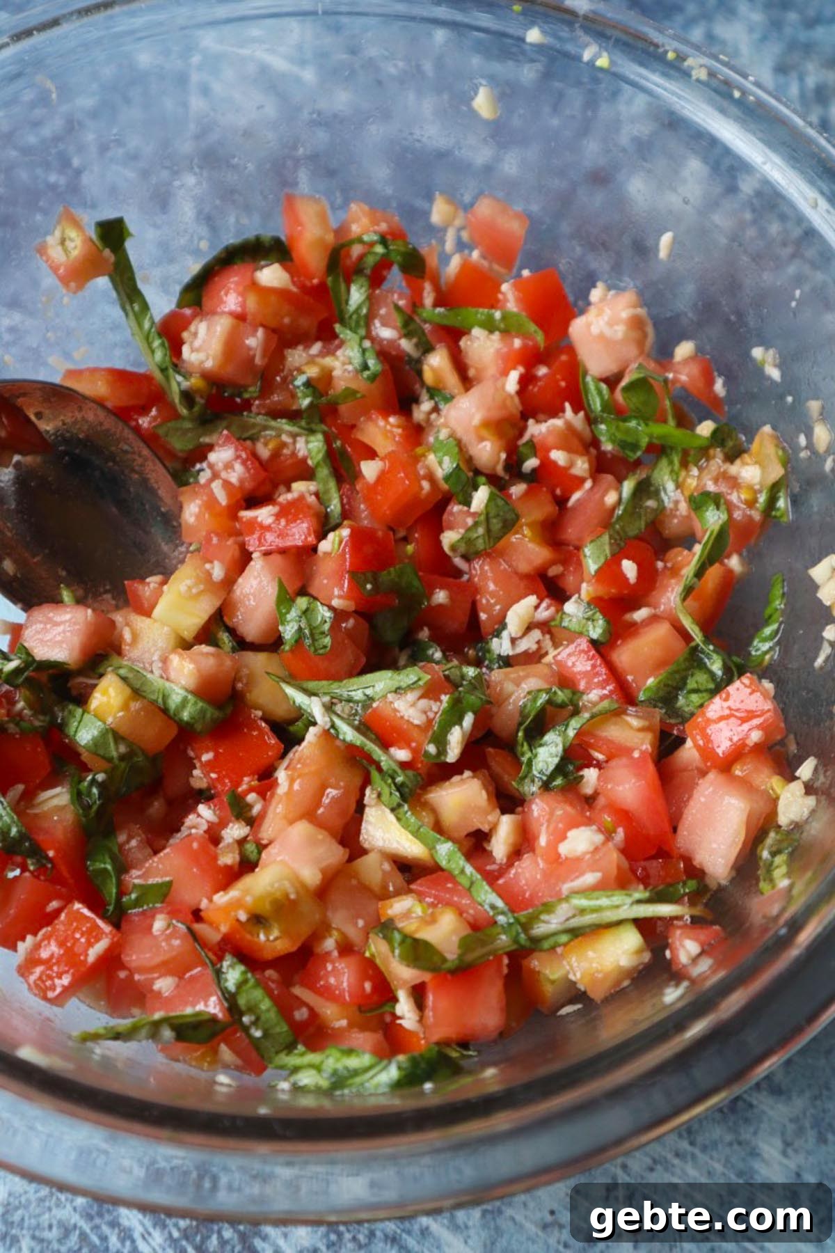 glass bowl with bruschetta