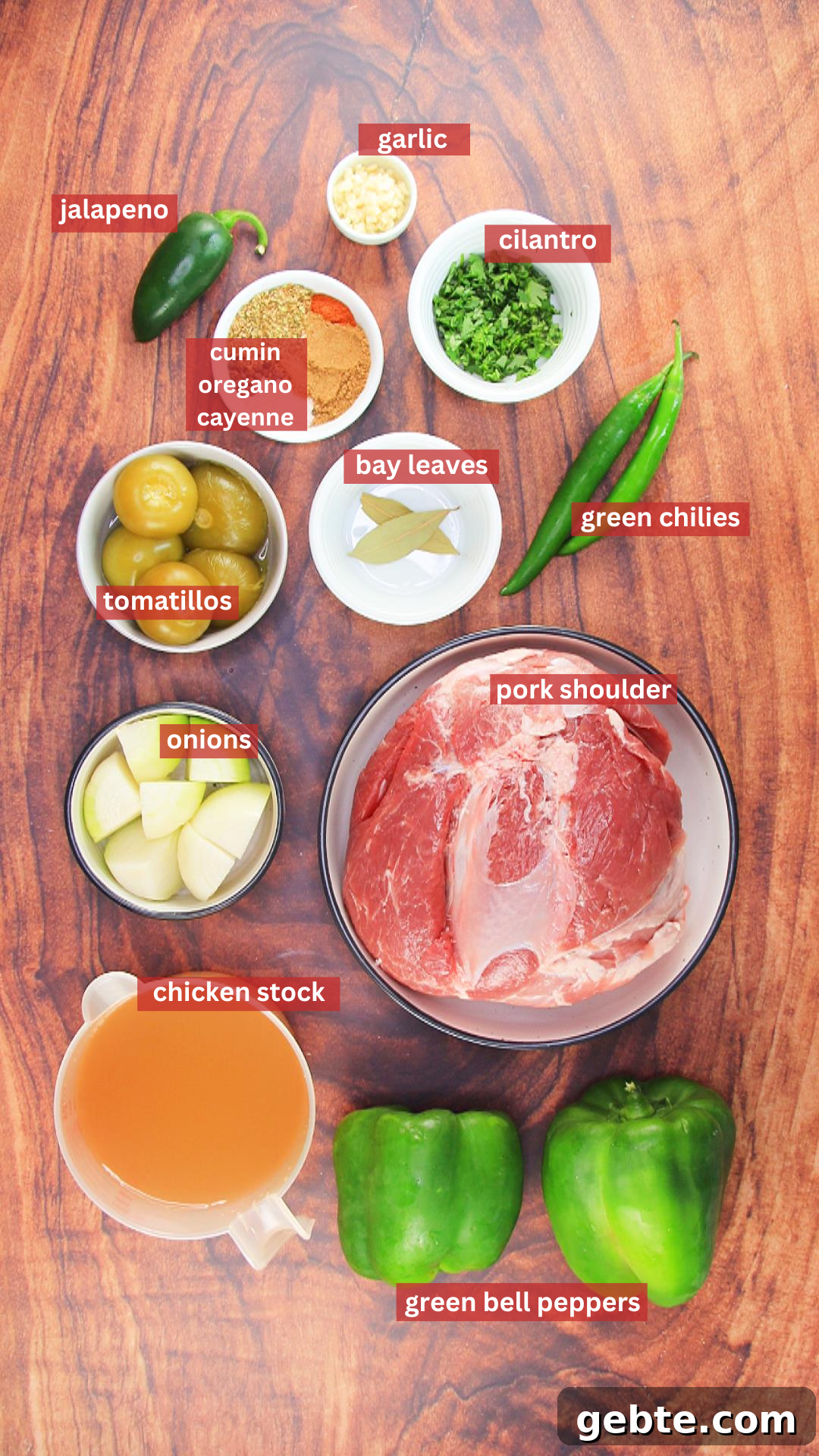 Savory Pulled Pork Green Chile (Chili Verde) Recipe 3 Ingredients: green peppers, chicken broth, pork butt, bay leaves, onion, tomatillos, onions, and garlic.