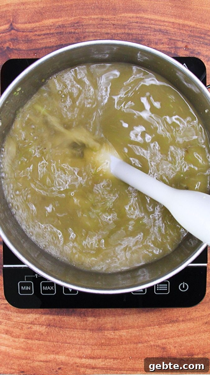 Savory Pulled Pork Green Chile (Chili Verde) Recipe 6 A stick immersion blender mixing up green peppers with tomatillos - Hostess At Heart