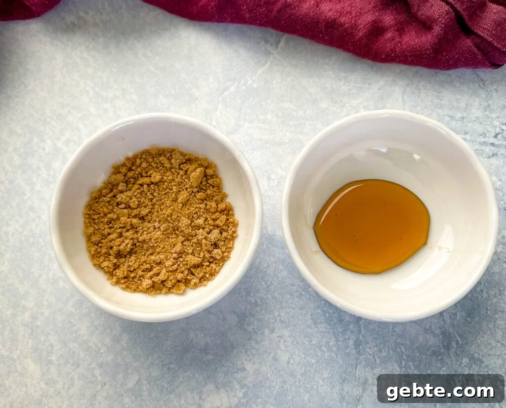 brown sugar and maple syrup in small white bowls