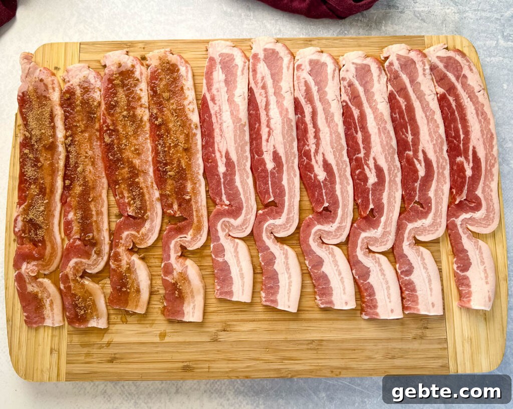uncooked thick bacon on a cutting board