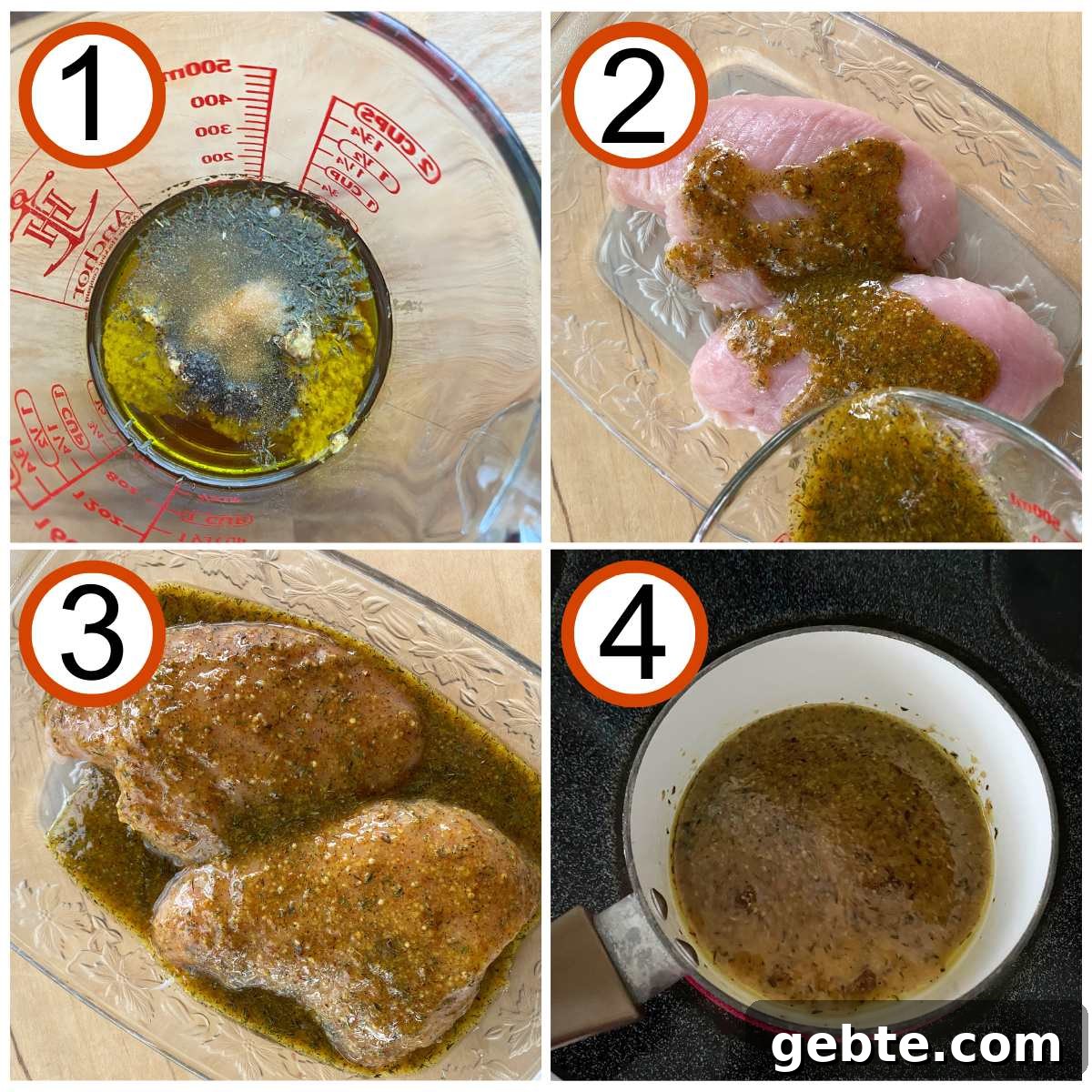 Numbered steps to make marinade and prepare turkey tenderloin.