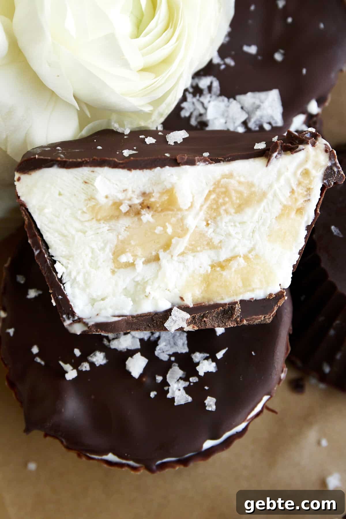 Half a peanut butter banana yogurt bite topped with sea salt.