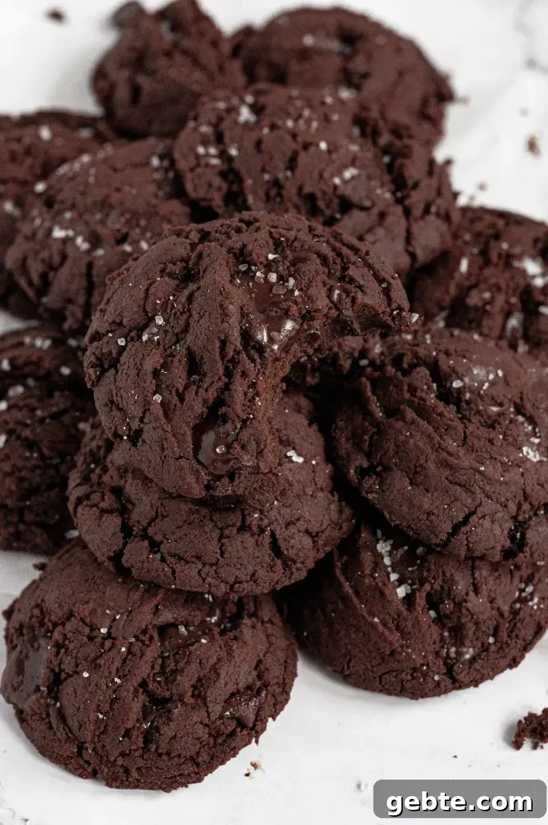 Gluten-Free Vegan Chocolate Mint Cookies Recipe 6 Dark brown, almost black, chocolate mint cookies all stacked in a pile and topped with coarse white sea salt. The cookie on top has a bite taken out of it.
