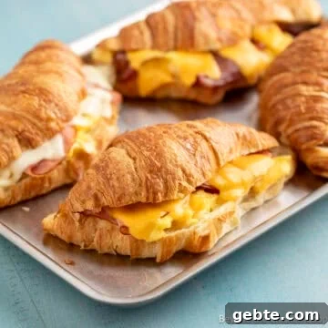 Croissant breakfast sandwiches with ham, bacon, and cheese.