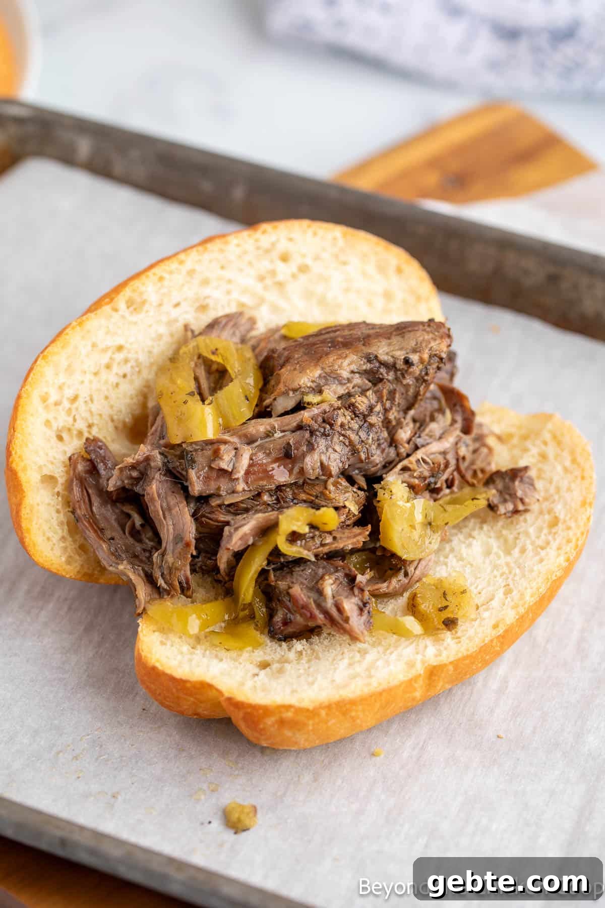 Shredded beef on a crusty roll. 