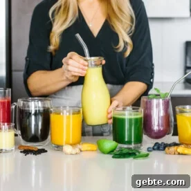 Several anti-inflammatory drinks next to each other on a countertop.