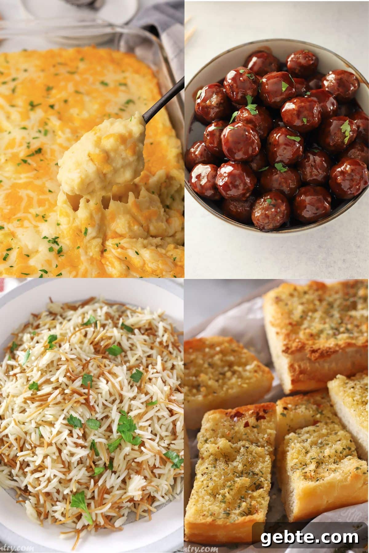 A collage of four images for sides to serve with meatballs.
