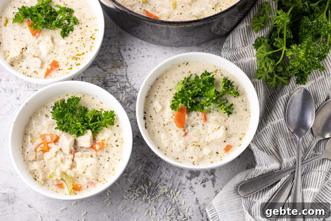 3 bowls of creamy chicken soup with rice topped with fresh parsley