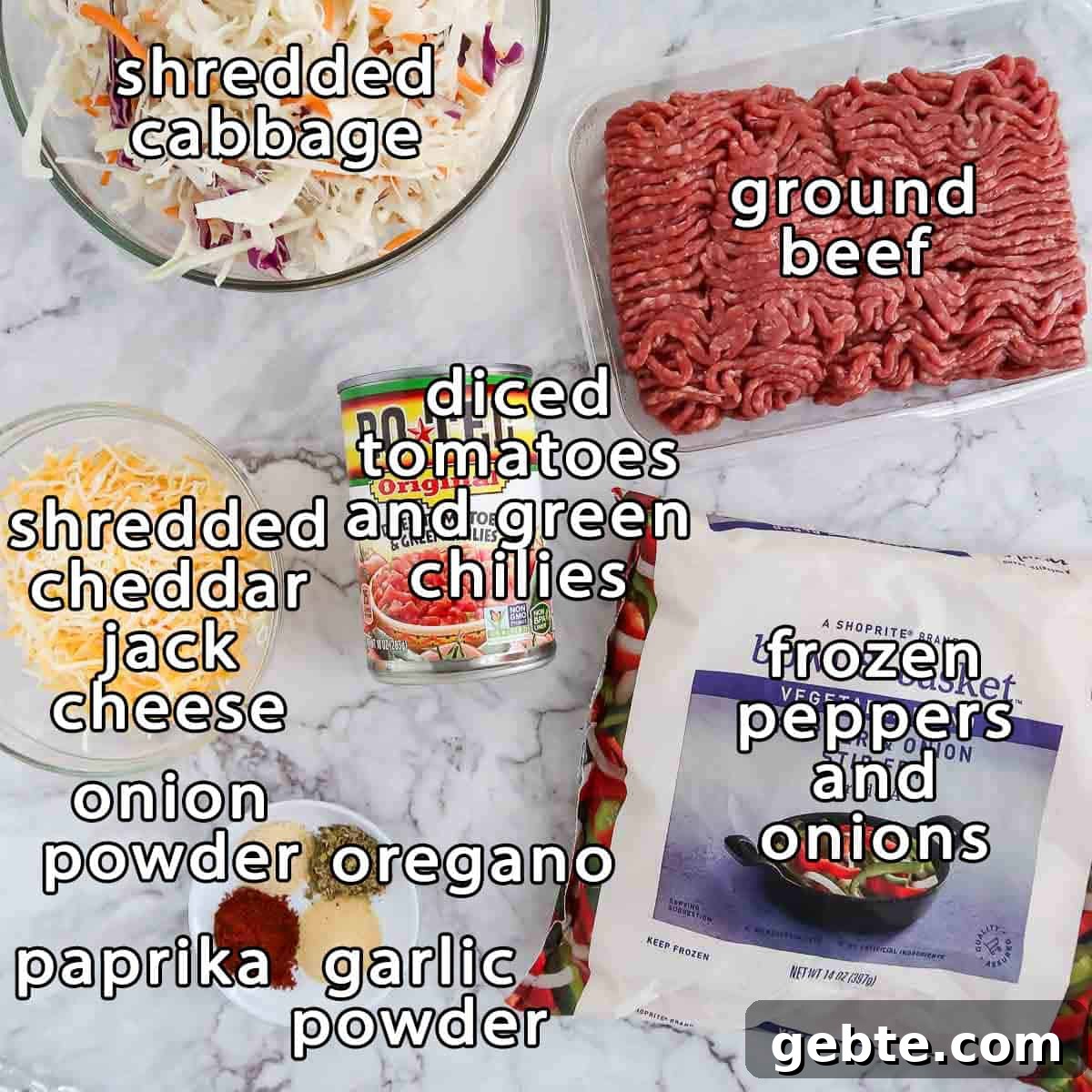 One-Skillet Stuffed Cabbage Casserole Recipe for Quick Weeknights 3 Overhead shot of ingredients - shredded cabbage, ground beef, frozen peppers and onions, diced tomatoes and green chilies, shredded cheddar jack cheese, onion powder, oregano, paprika, and garlic powder.