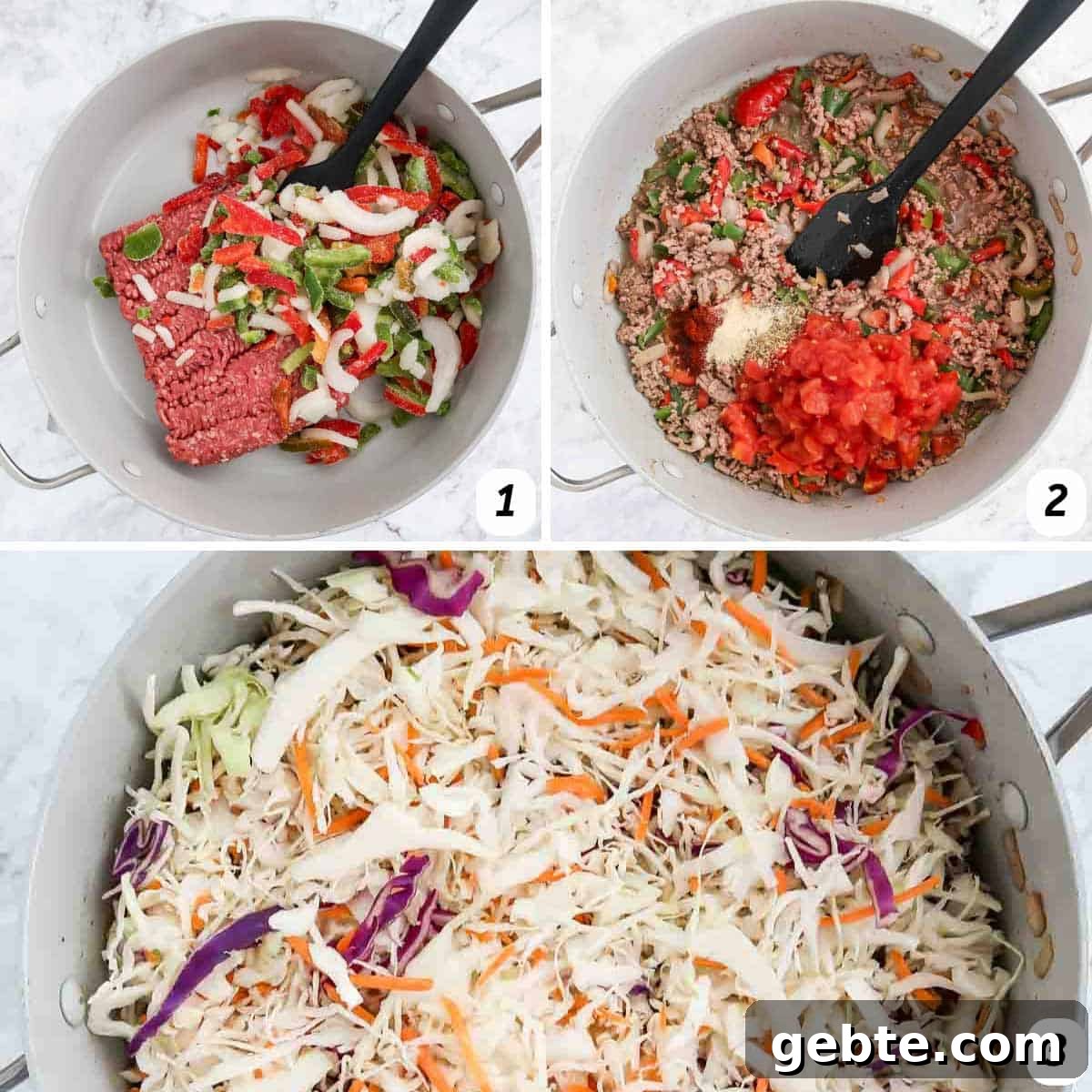One-Skillet Stuffed Cabbage Casserole Recipe for Quick Weeknights 4 Three panel grid of process shots 1-3 - cooking ground beef, peppers, and onions, adding diced tomatoes and seasonings, and adding cabbage.